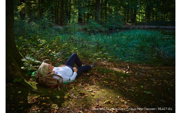 Een vrouw ligt op een open plek in het bos en geniet van de natuur.