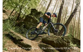 MOuntainbiker auf einem Fels