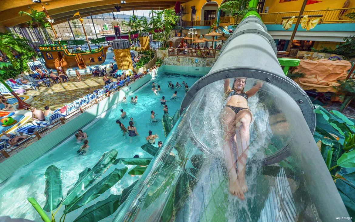 View from above into the Aqua Magis adventure pool with slide.