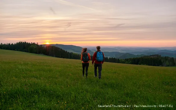 A couple walks into the sunset.