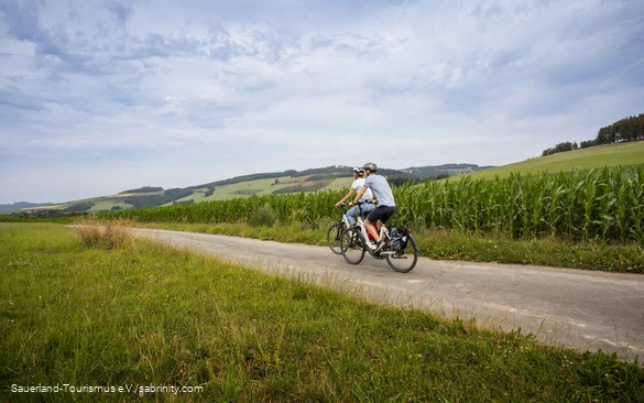 Twee fietsers op tour door groene natuur.