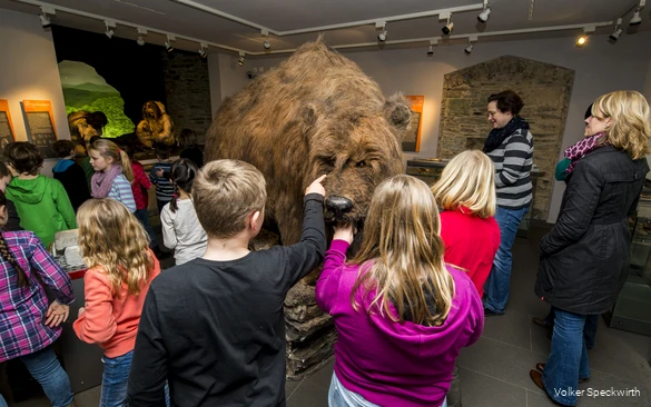 Museumsbesucher gehen durch die Ausstellung im Südsauerlandmuseum und einige Kinder fassen das Ausstellungsstück Höhlenbär an.
