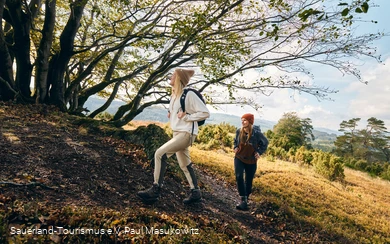 Two hikers on the Oberkirchen Gold Village Route in the Sonnenseite nature reserve