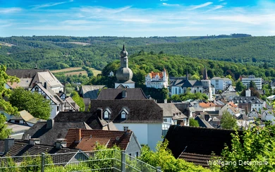 Blick auf die Dächer von Arnsberg sowie die umliegenden Wälder.