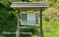 Informationstafel zum Steinbruch Wagenschmier mit grün bewachsenem Steinbruch im Hintergrund.