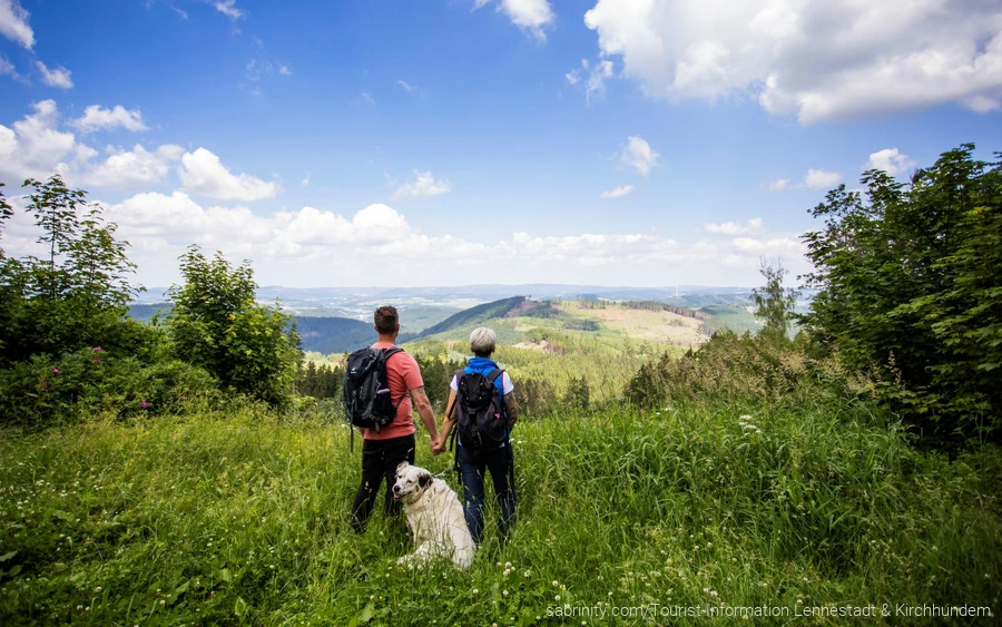Hund mit Wanderern vor einer tollen Aussicht
