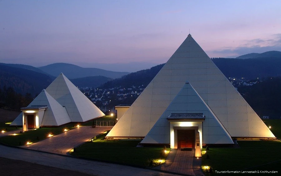 Sauerland pyramids View of the illuminated Sauerland pyramids in the evening.