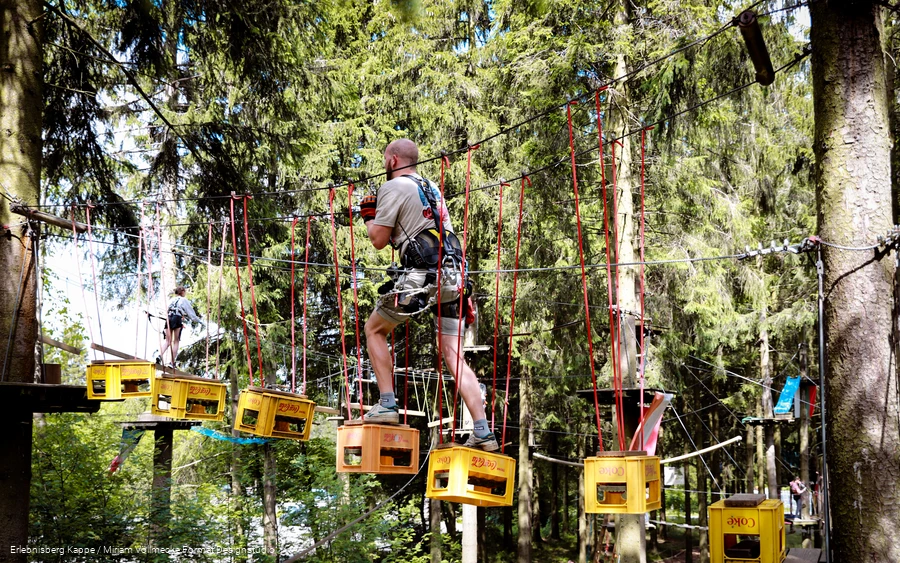 Ein Mann in Kletterausrüstung klettert über ein Kletterelement zwischen den Bäumen.