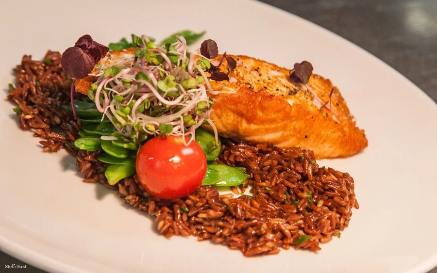 Roasted salmon with tasty side dishes.