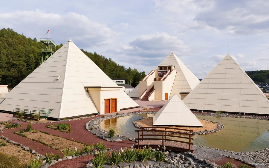 View of the Sauerland pyramids in the Galileo Park in Lennestadt-Meggen.