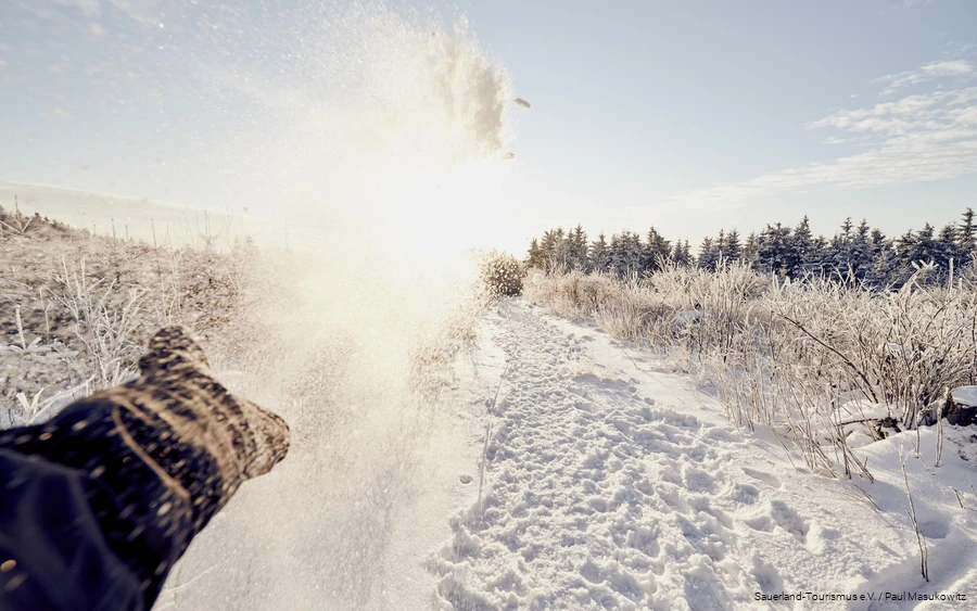 Winter landscape_hand A hand throws snow into the air.