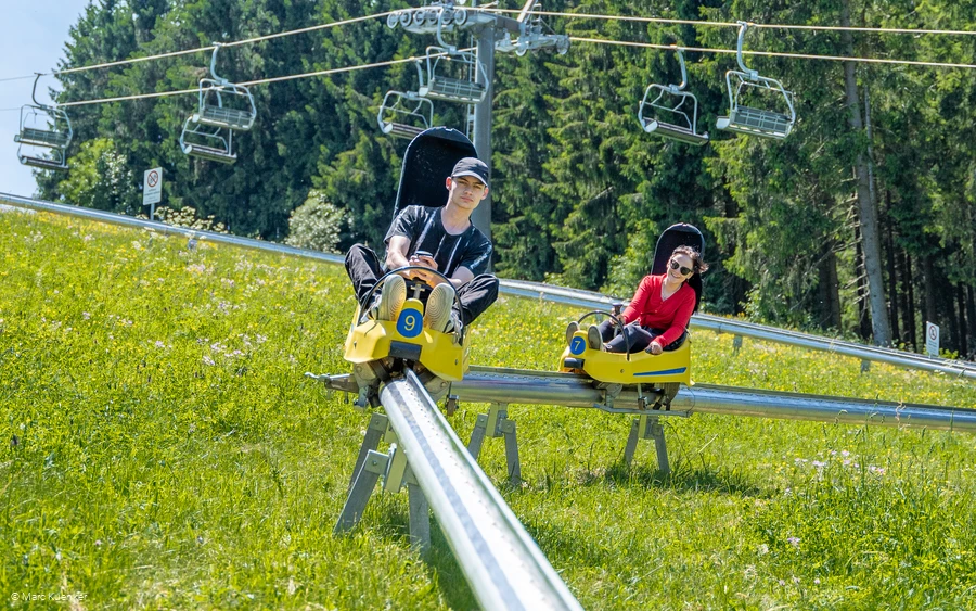 Zwei Personen fahren auf Rodelschlitten hintereinander eine Sommerrodelbahn hinab.