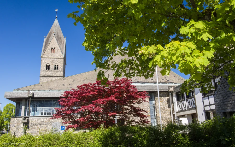 Eine Kirche vor blauem Himmel mit Bäumen im Vordergrund.