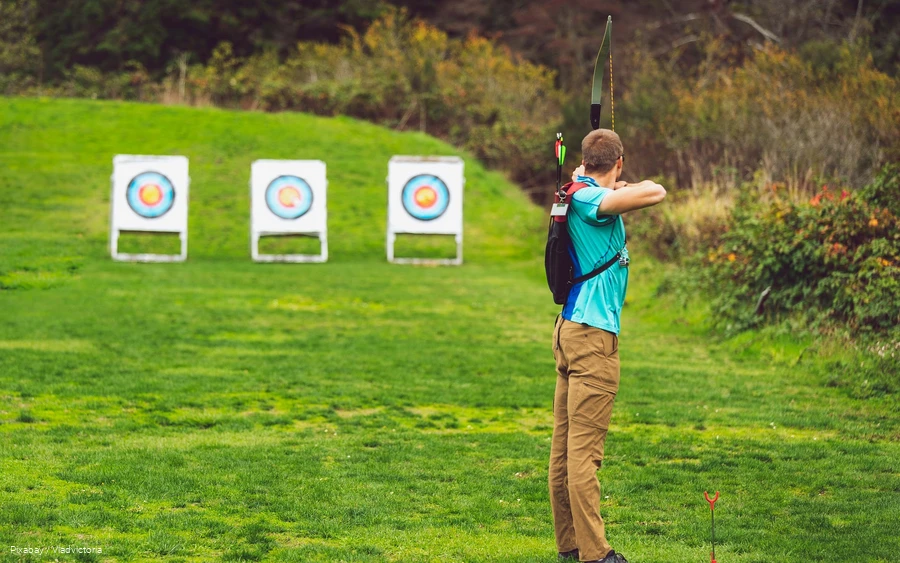 A man doing archery in the meadow.