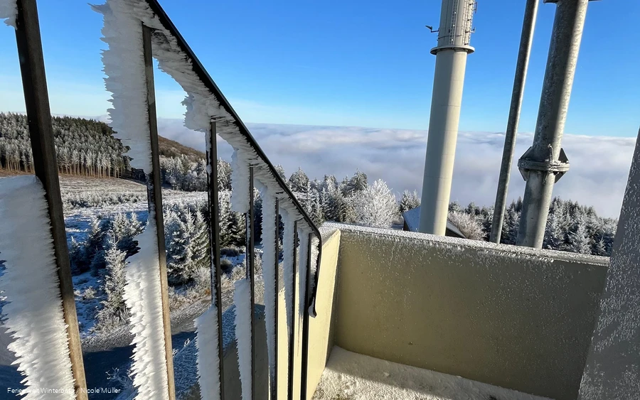 Vereister Treppenaufgang mit Fernsicht.