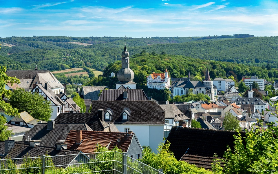 Blick auf die Dächer von Arnsberg sowie die umliegenden Wälder.