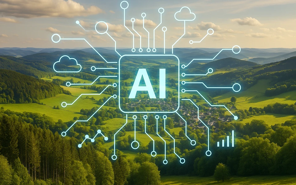 Eine Grafik, die KI symbolisieren soll, vor dem Hintergrund einer Landschaftsaufnahme des Sauerlands