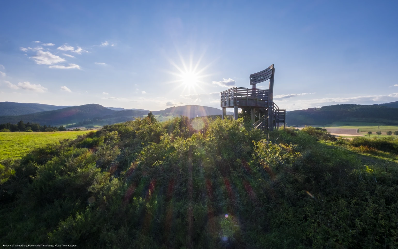 Ein Aussichtsturm in Form eines großen Holzstuhles auf einem bewaldeten Hügel vor blauem Himmel und Sonne inmitten von Wiesen und Wäldern.