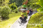 De mascotte Pano van het Panoramapark rijdt op de zomerrodelbaan Fichtenflitzer.