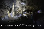 The cave guide lights up a stalactite with a flashlight.