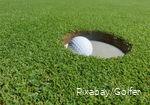 Een golfbal ligt in de hole.