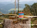 A can of mead on a tree stump.