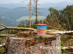 A can of mead on a tree stump.